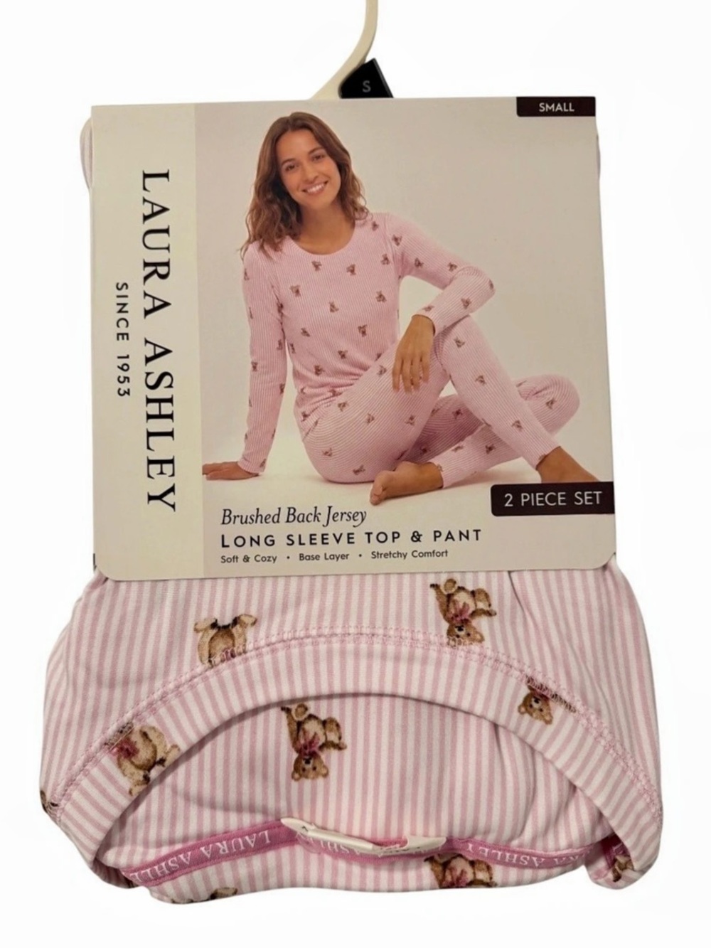 Laura Ashley Pink Striped Teddy Bear Pajama Set Long Sleeve Top & Pant S NWT